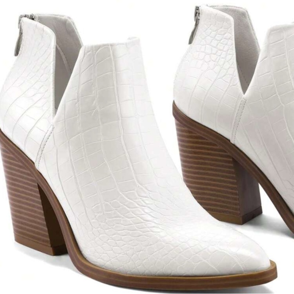 Elegant White Croc-Embossed Ankle Booties